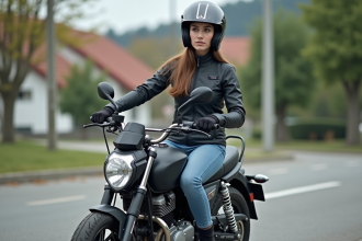 Jeune femme en moto sur une route urbaine
