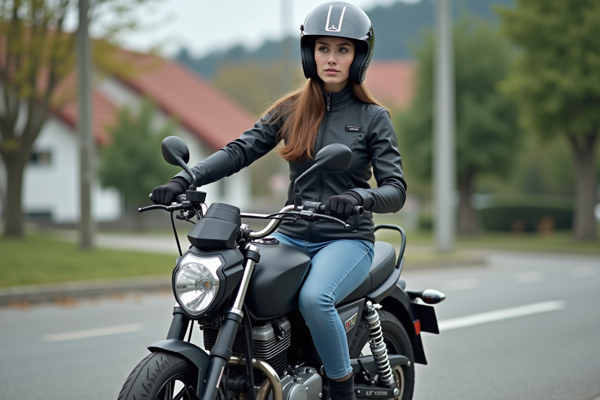 Jeune femme en moto sur une route urbaine