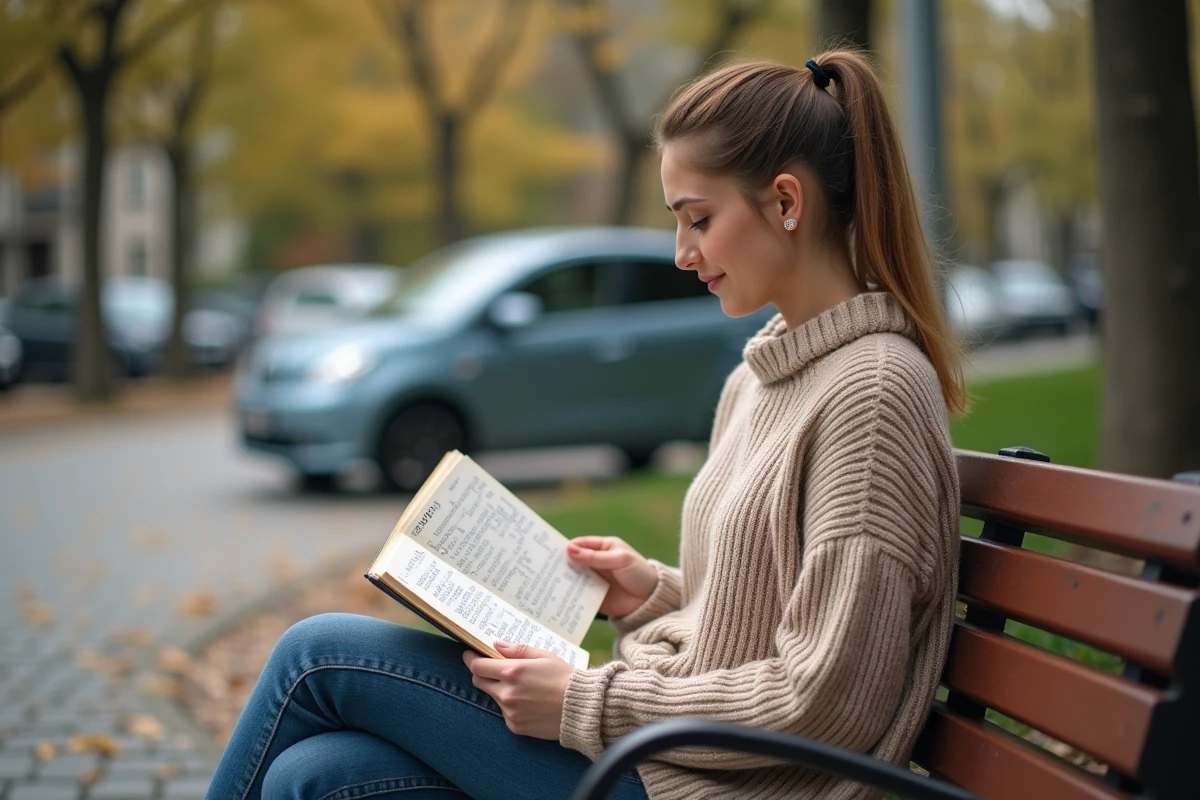 Jeune femme lisant un mots croises en plein air dans un parc urbain