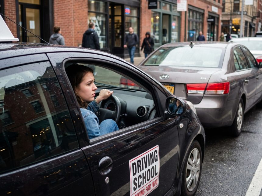 Jeune femme nerveuse en stationnement urbain