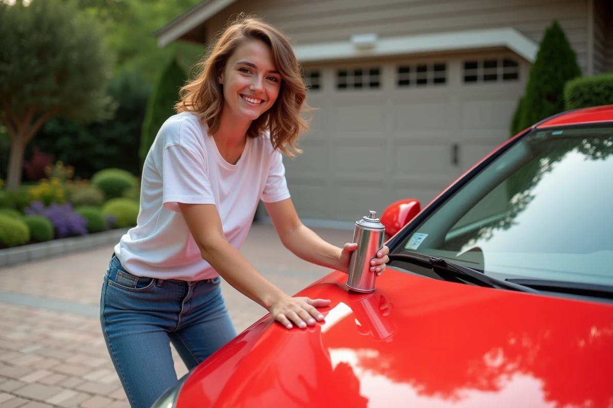 Jeune femme appliquant une peinture rouge sur sa voiture