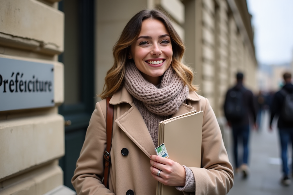 Jeune femme souriante devant une préfecture avec permis ancien