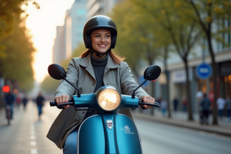 Jeune femme en scooter dans une ville dynamique au matin