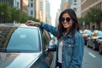 Jeune femme souriante à côté d'une berline en ville
