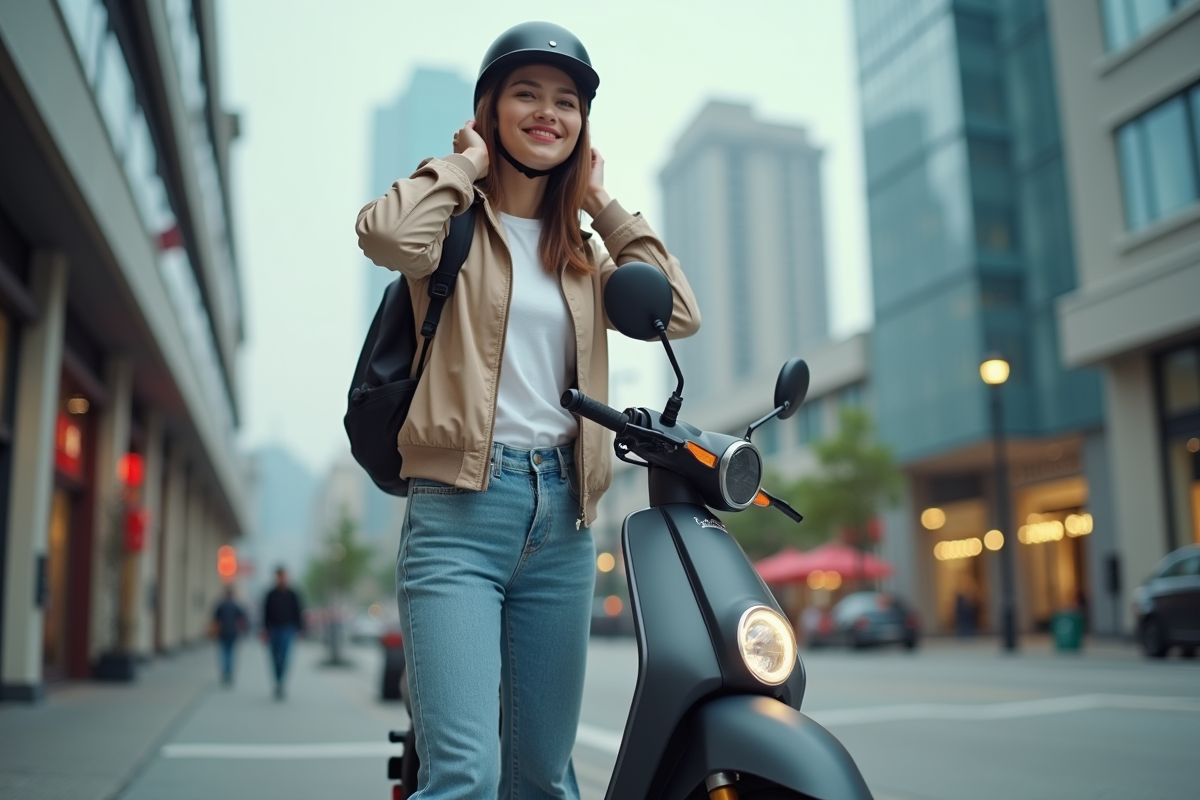 Jeune femme ajustant son casque à côté d