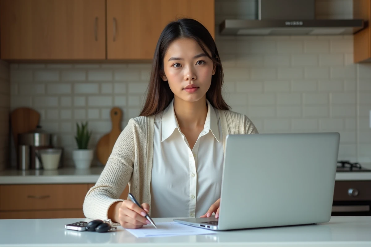 Jeune femme vérifiant un document de permis à la maison