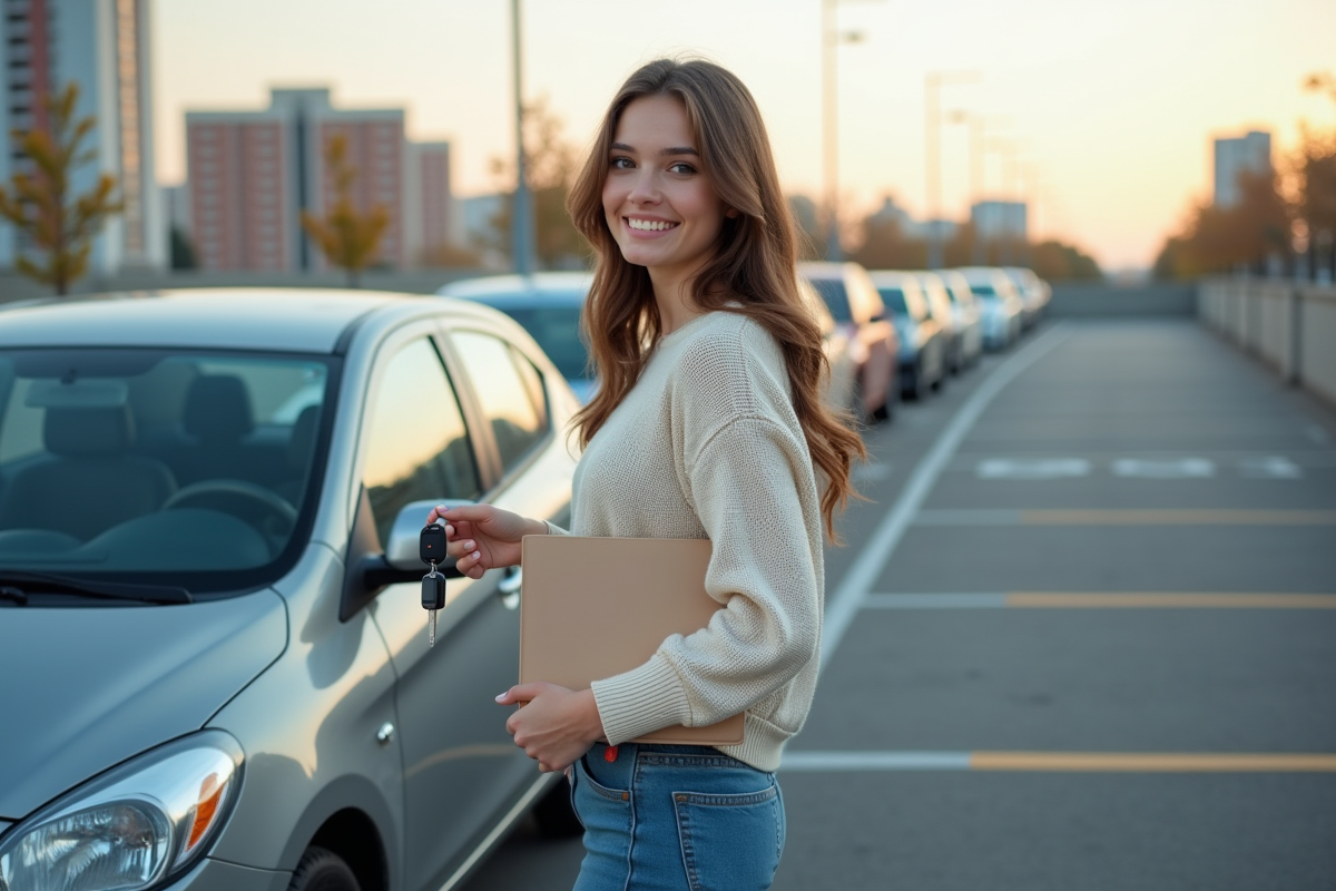 Jeune femme avec clés et dossier près de sa voiture