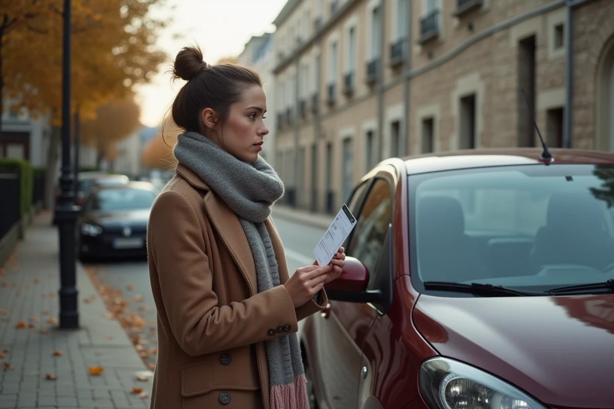 Jeune femme avec permis devant sa voiture dans la rue