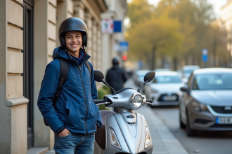 Jeune adolescent français avec scooter à Paris