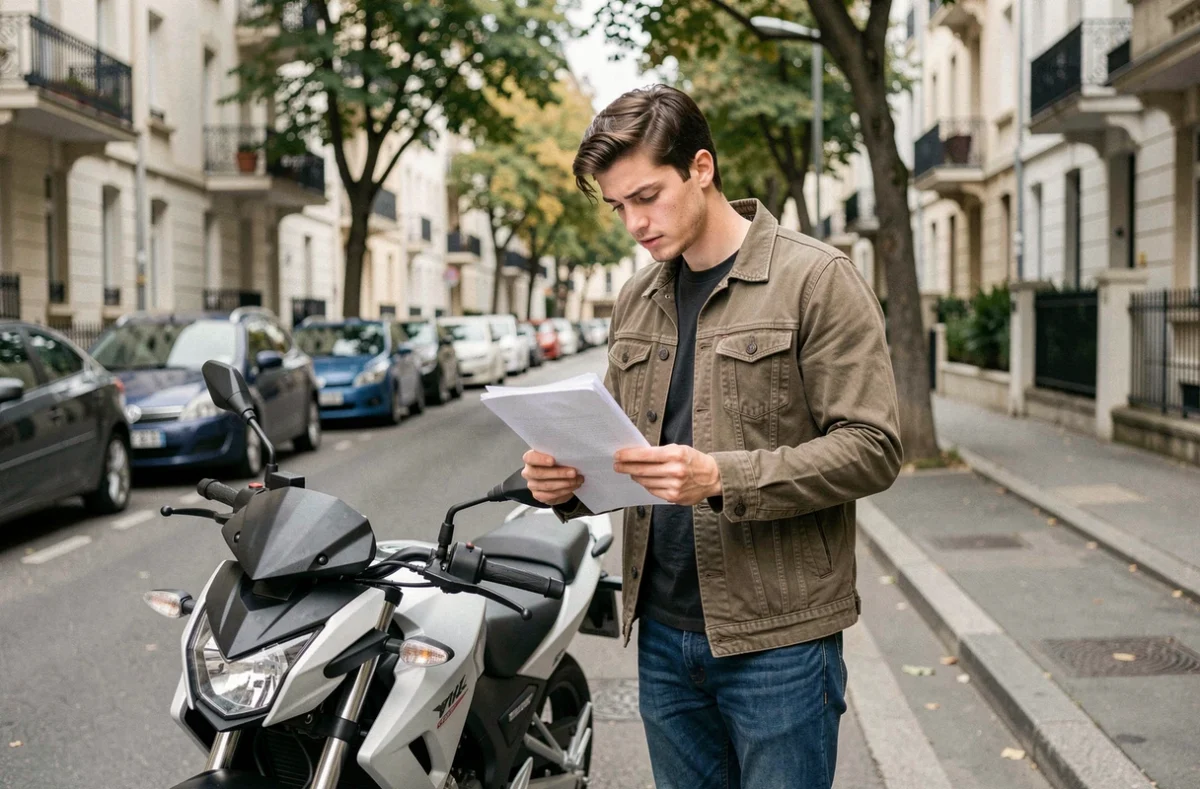 Jeune homme sans permis consultant des documents d'assurance moto à côté de sa 125cc