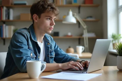 Jeune homme concentré sur son ordinateur dans un appartement moderne