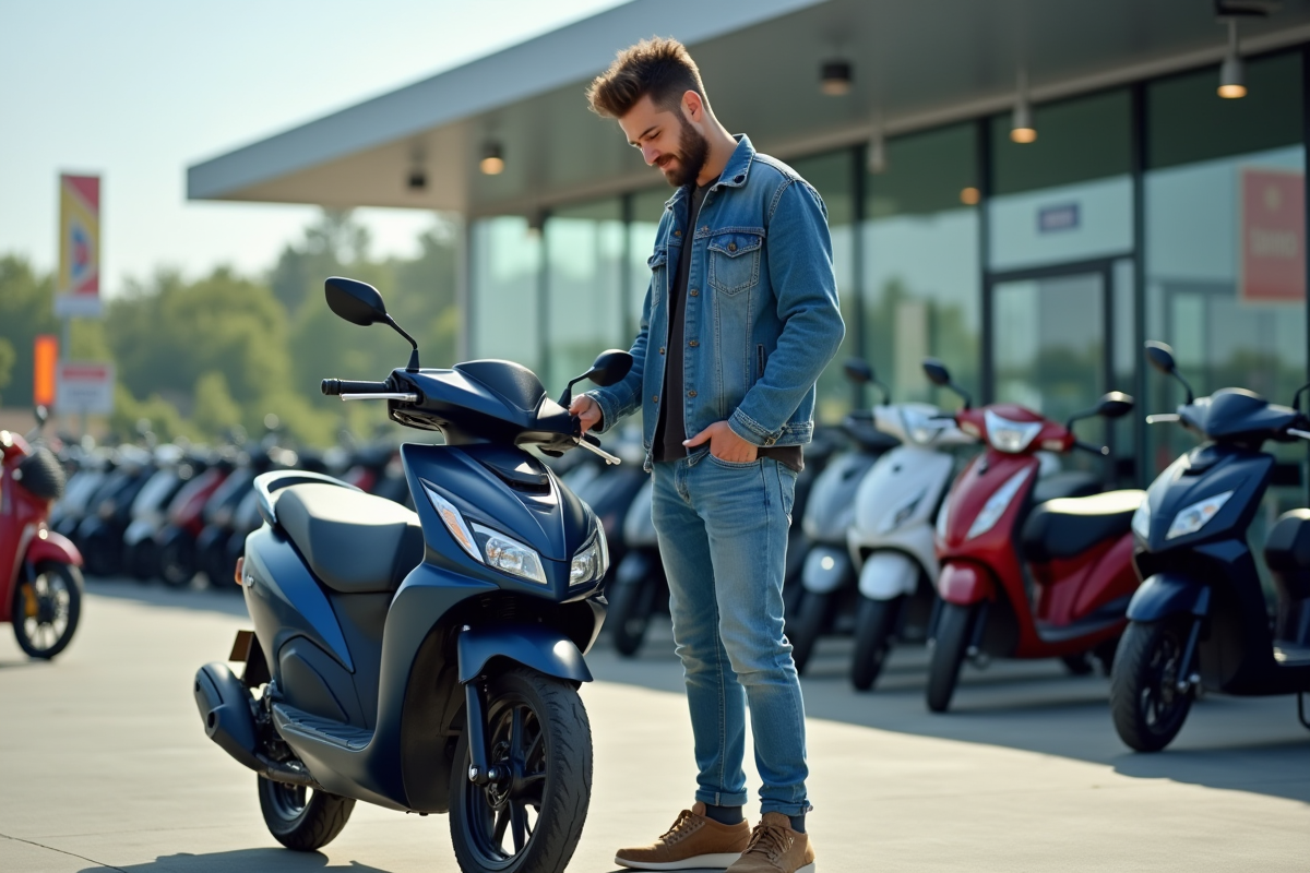 Jeune homme examine une moto 125cc dans un concessionnaire