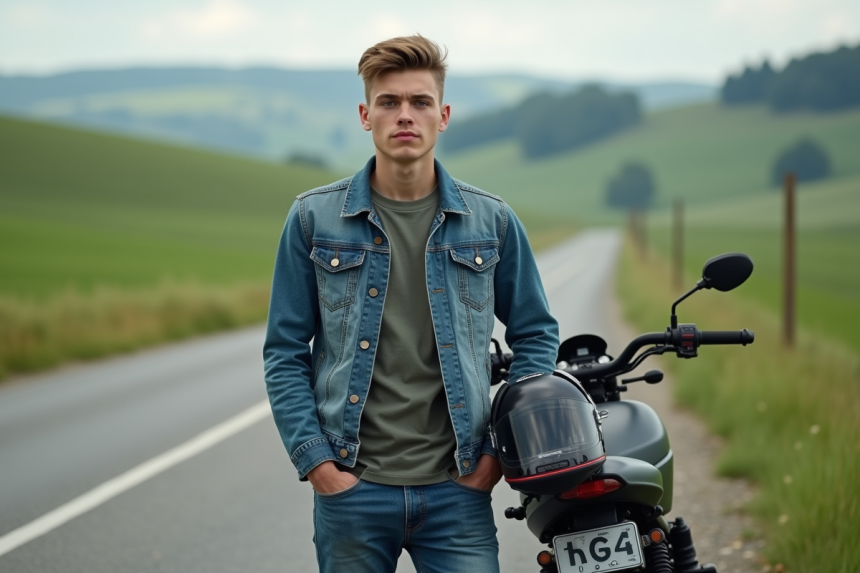 Jeune homme avec casque et moto dans la campagne
