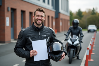 Homme souriant avec permis moto et casque en extérieur