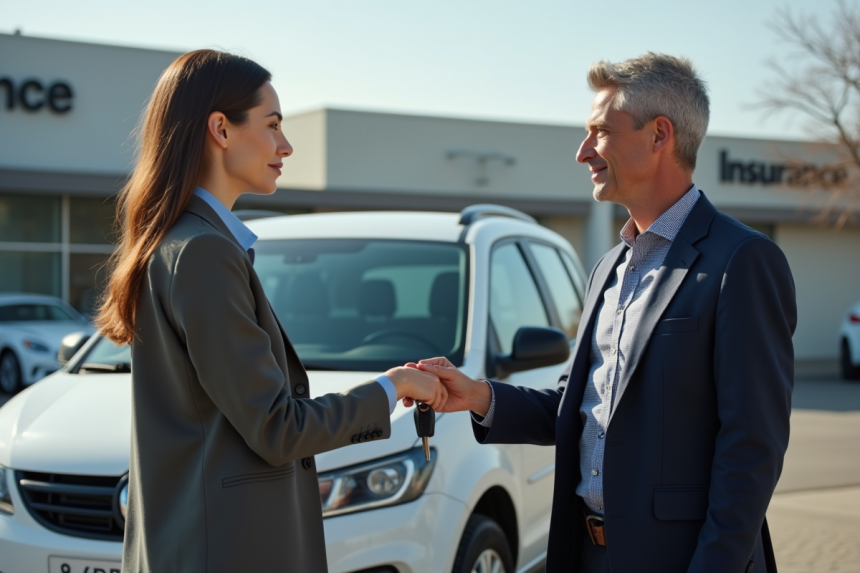 Jeune homme remettant des clés à une femme devant une voiture sans plaque