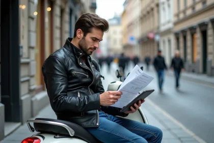 Jeune homme en moto scooter dans la ville consulte ses documents