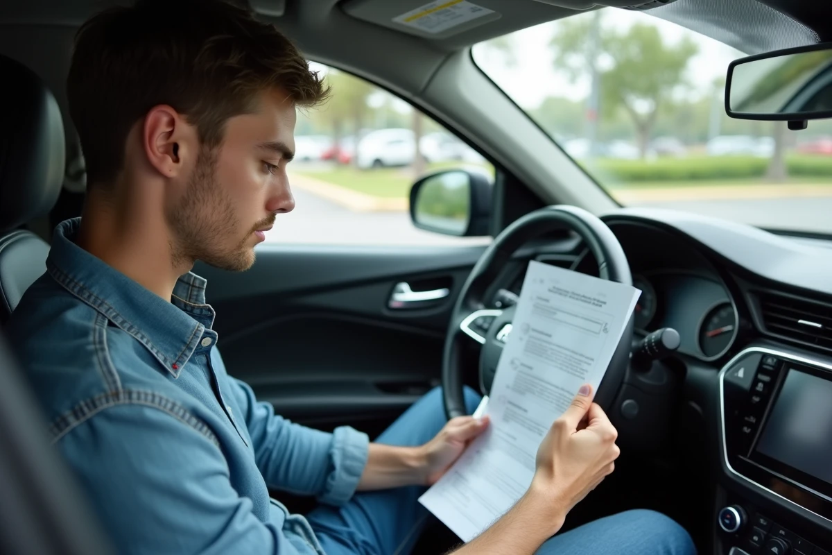 Jeune homme inspectant le tableau de bord d'une voiture moderne