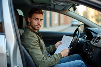 Jeune homme dans sa voiture avec certificat d'assurance