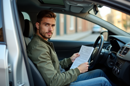 Jeune homme dans sa voiture avec certificat d'assurance