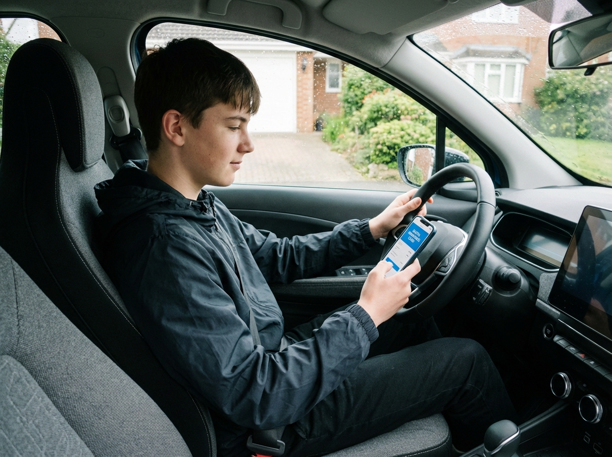 Jeune homme vérifiant assurance dans voiture électrique
