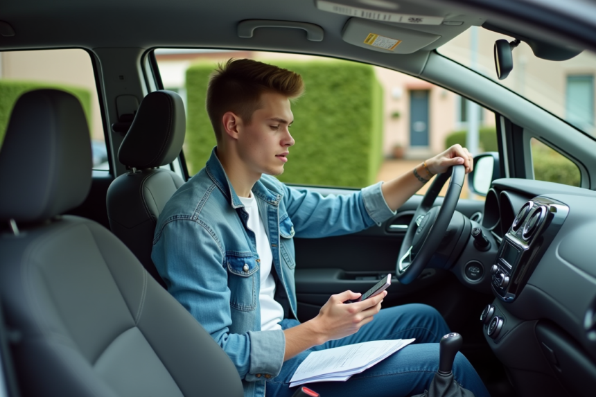 Jeune homme en voiture avec documents et smartphone