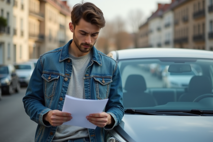 Jeune homme regardant des documents devant une voiture
