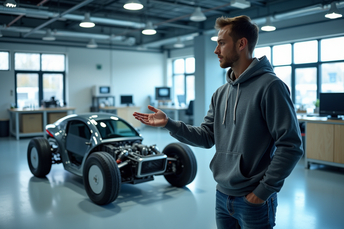 Jeune ingénieur montrant une voiture à hydrogène dans un laboratoire