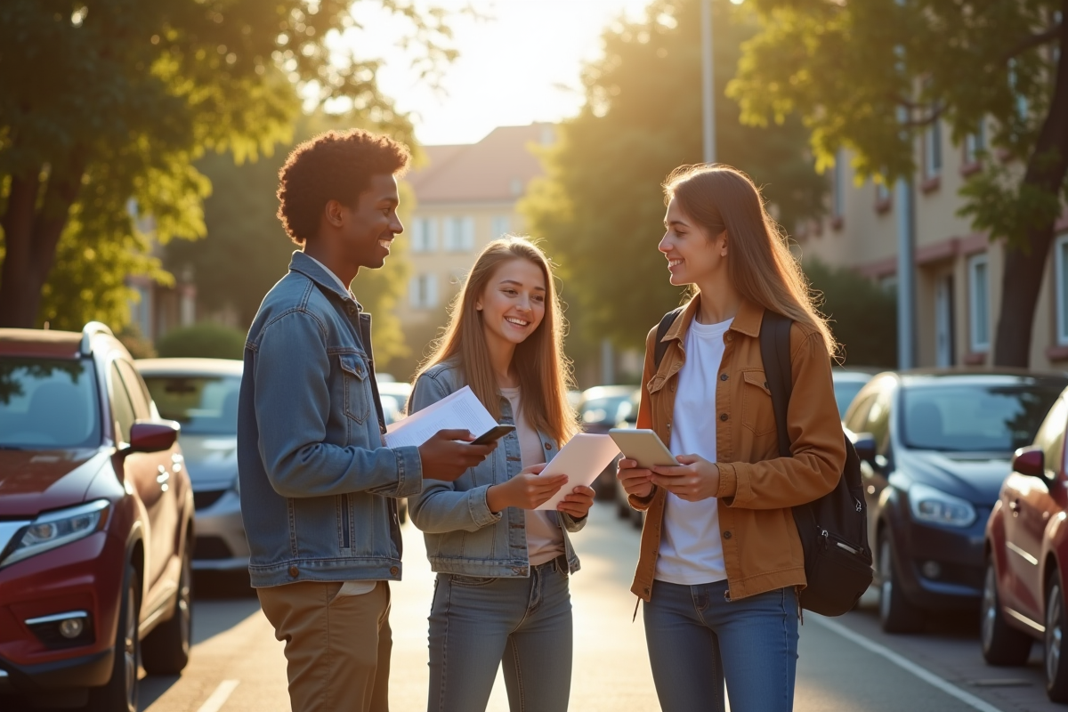Groupe d adolescents discutant près de voitures dans un quartier ensoleille
