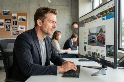 Journaliste automobile comparant des sites d'actualité auto sur un écran dans une rédaction moderne