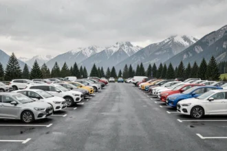 Vue panoramique d'un parking d'agences de location de voitures en Auvergne-Rhône-Alpes avec des véhicules variés et des montagnes en arrière-plan