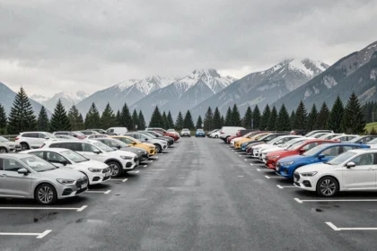 Vue panoramique d'un parking d'agences de location de voitures en Auvergne-Rhône-Alpes avec des véhicules variés et des montagnes en arrière-plan