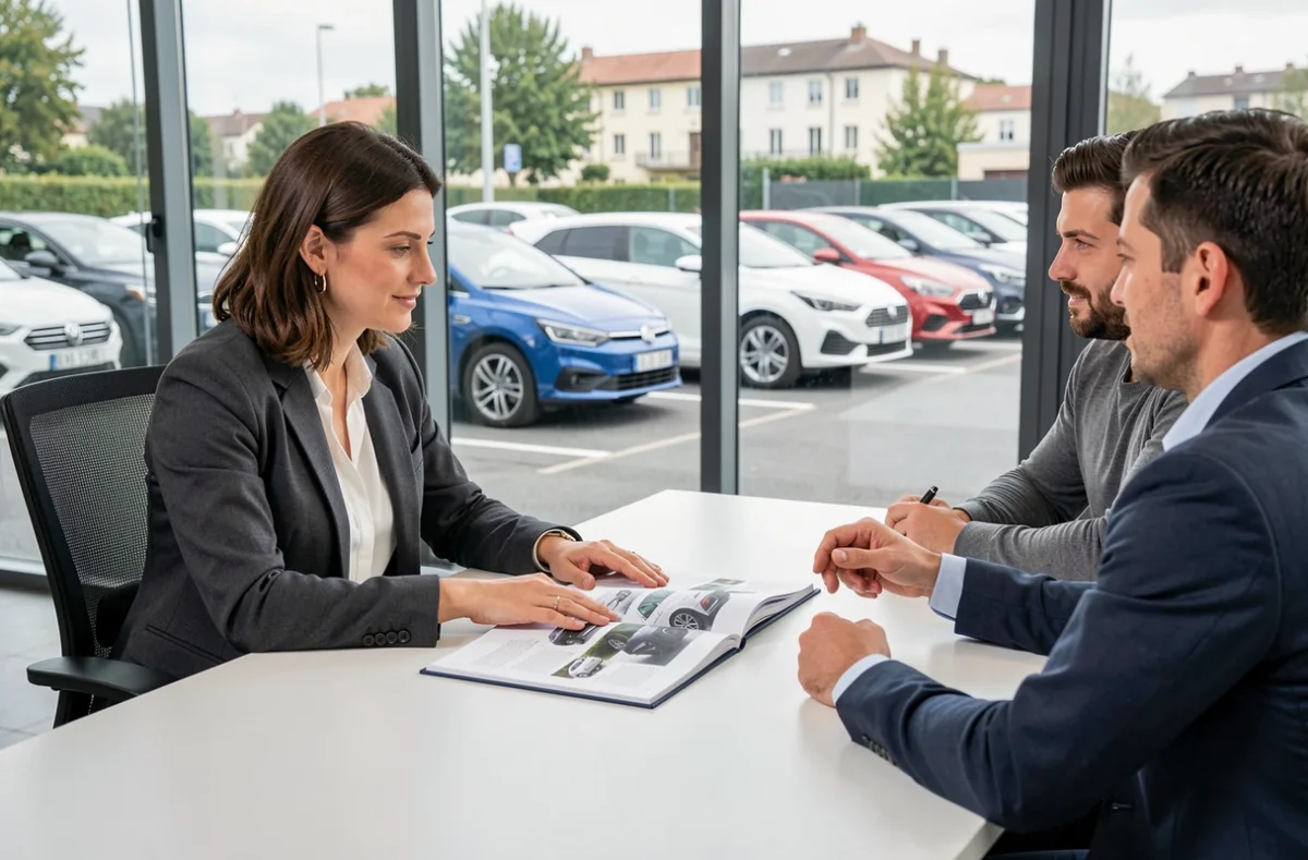 Conseillère en mandataire automobile présentant un catalogue à des clients dans les bureaux de Lyon's Automobiles