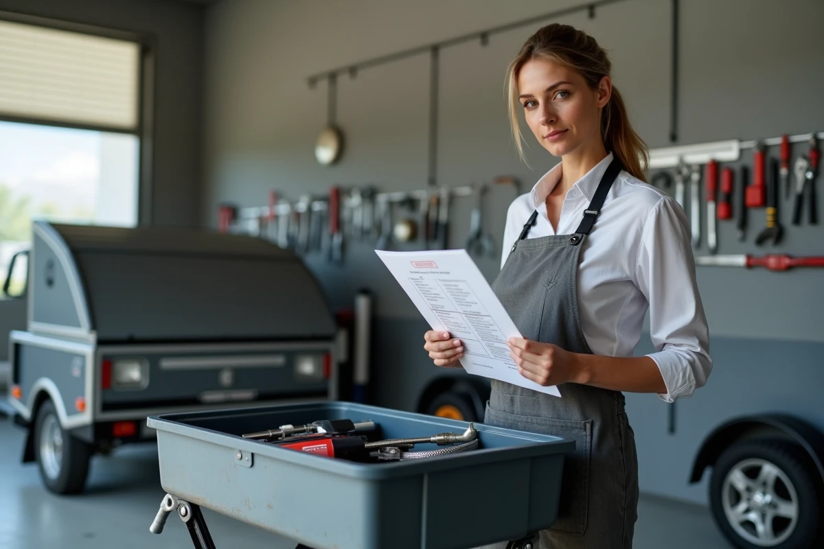 Femme effectuant la maintenance d'une remorque avec liste de contrôle et clé dynamométrique dans un garage