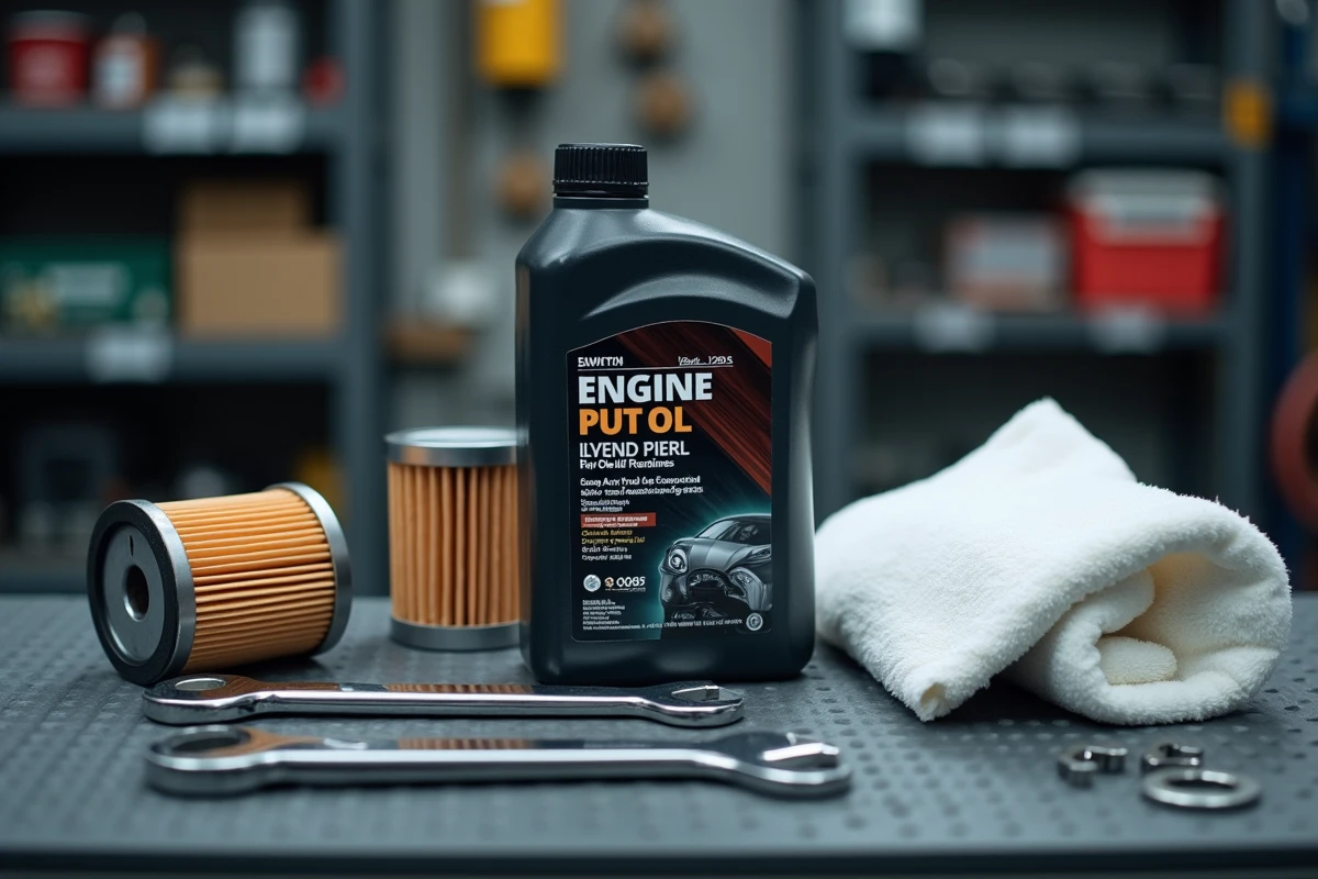 Matériel d'entretien huile moteur pour Peugeot 208 essence posé sur un établi de garage