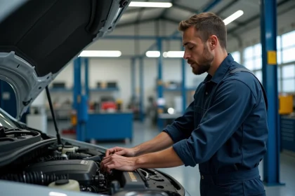 Mécanicien automobile en garage moderne en train de réparer un diesel