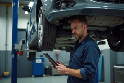 Mécanicien français inspectant une voiture dans un garage