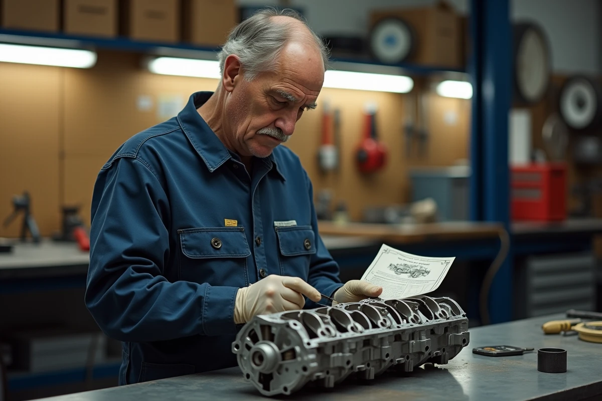 Mécanicien expérimenté inspectant une culasse de GSXR 1100 1992 avec microfiche de pièces dans un atelier vintage