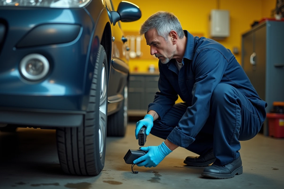 Mécanicien diagnostiquant le système antipollution d'une Peugeot 207 avec un scanner OBD dans un garage indépendant