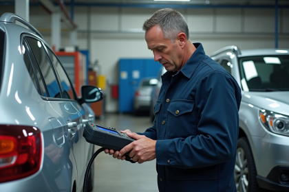 Mécanicien en overalls connectant un appareil à une voiture