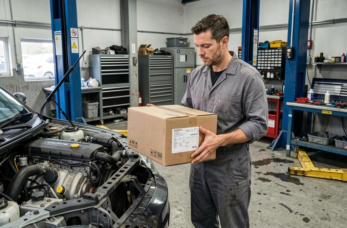 Mécanicien en garage inspectant une pièce automobile reçue via la commande pieceauto24