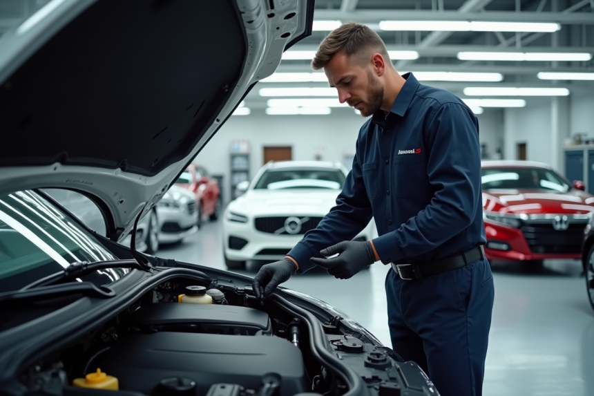 Mécanicien professionnel dans un garage moderne examinant une voiture neuve