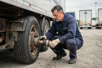 Mécanicien inspectant un airlinker de semi-remorque dans un dépôt logistique