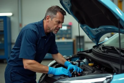 Mécanicien inspectant la jauge d'huile d'un moteur 1.5 dCi Renault dans un garage professionnel