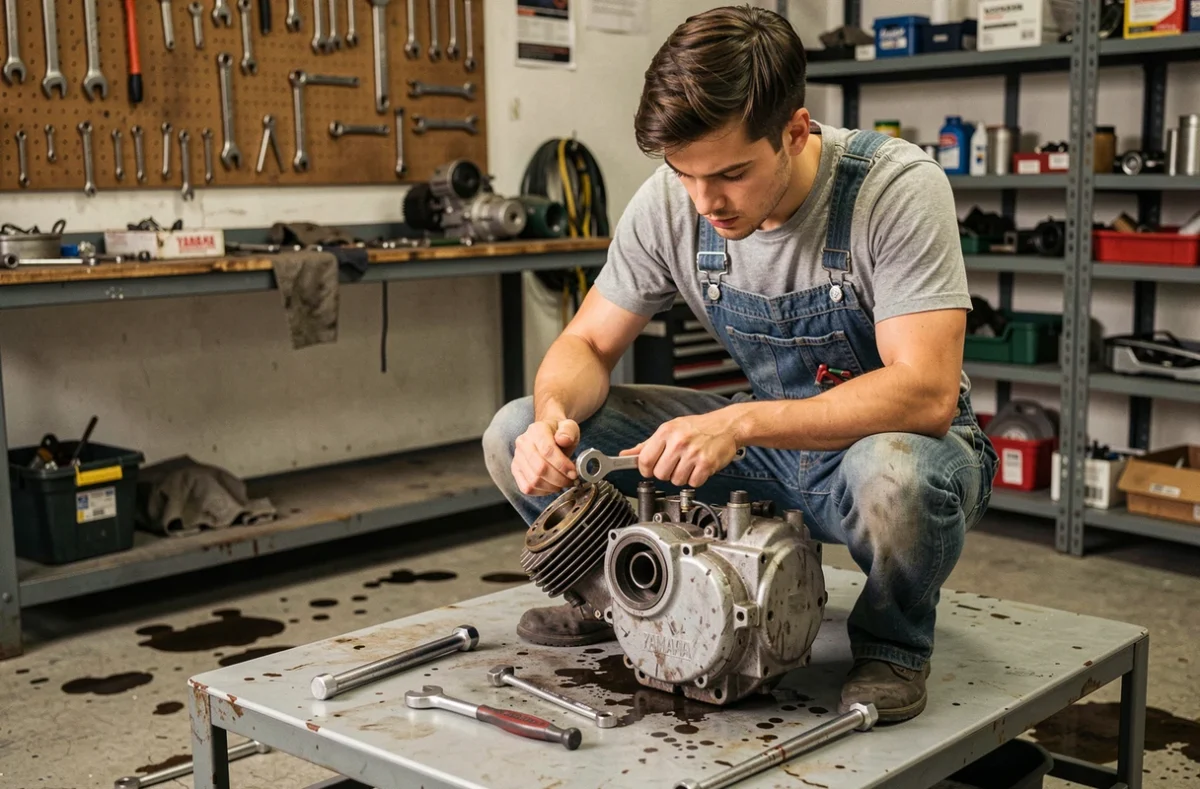 Mécanicien inspectant le moteur deux-temps démonté d'une Yamaha TZR 50cc dans un atelier de réparation moto indépendant