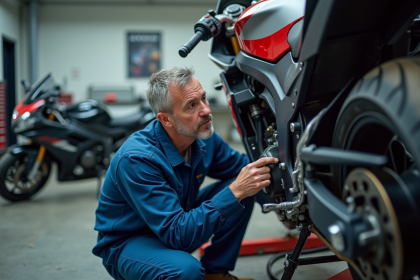 Mécanicien vérifiant la roue arrière d'une moto moderne en atelier
