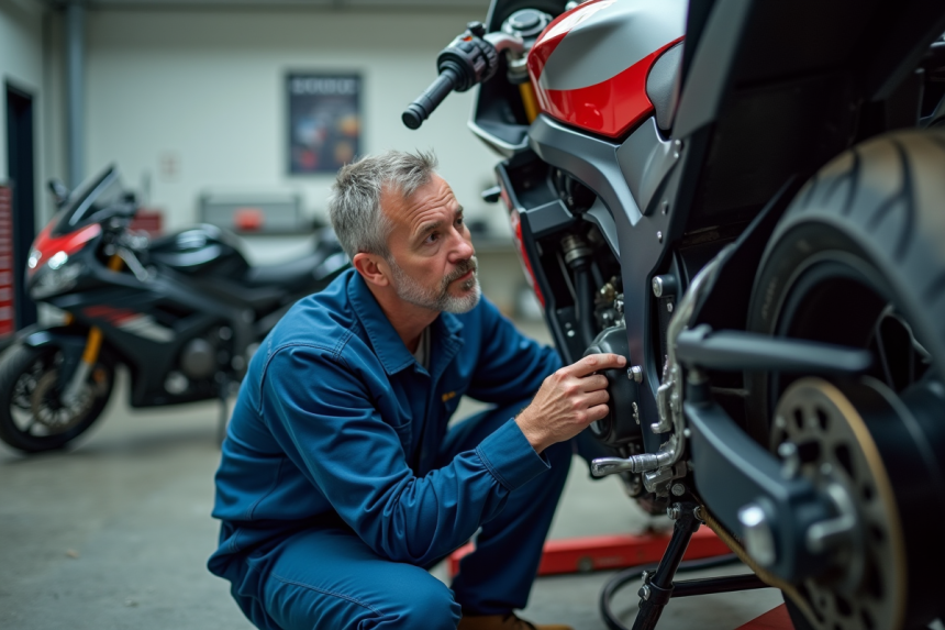 Mécanicien vérifiant la roue arrière d'une moto moderne en atelier