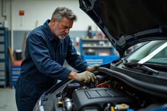 Mécanicien homme examinant le moteur d'une Peugeot moderne