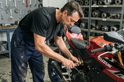 Mécanicien préparant le moteur d'une Suzuki GSX 600 R dans un atelier moto professionnel