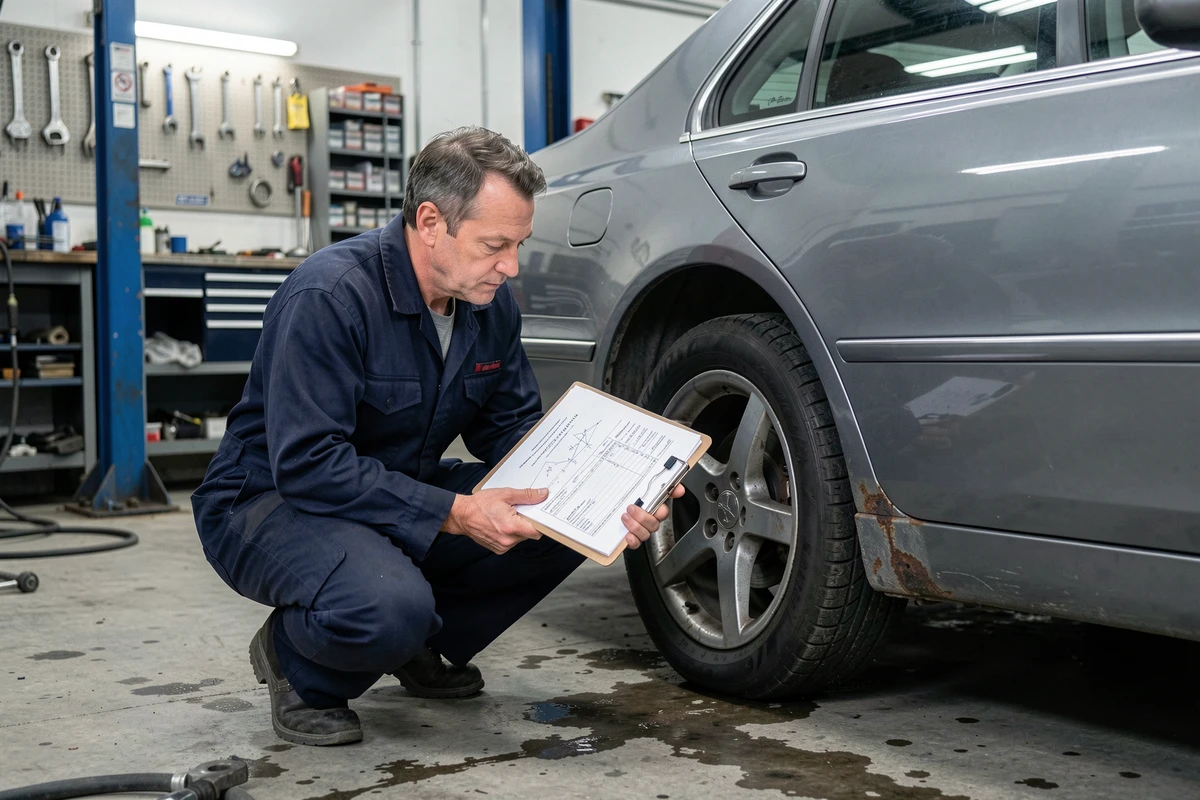 Mécanicien professionnel vérifiant l'historique CarVertical d'une voiture importée dans un garage automobile
