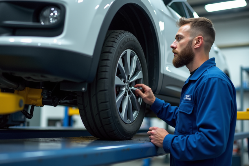 Mécanicien en bleu inspectant une voiture dans un garage moderne